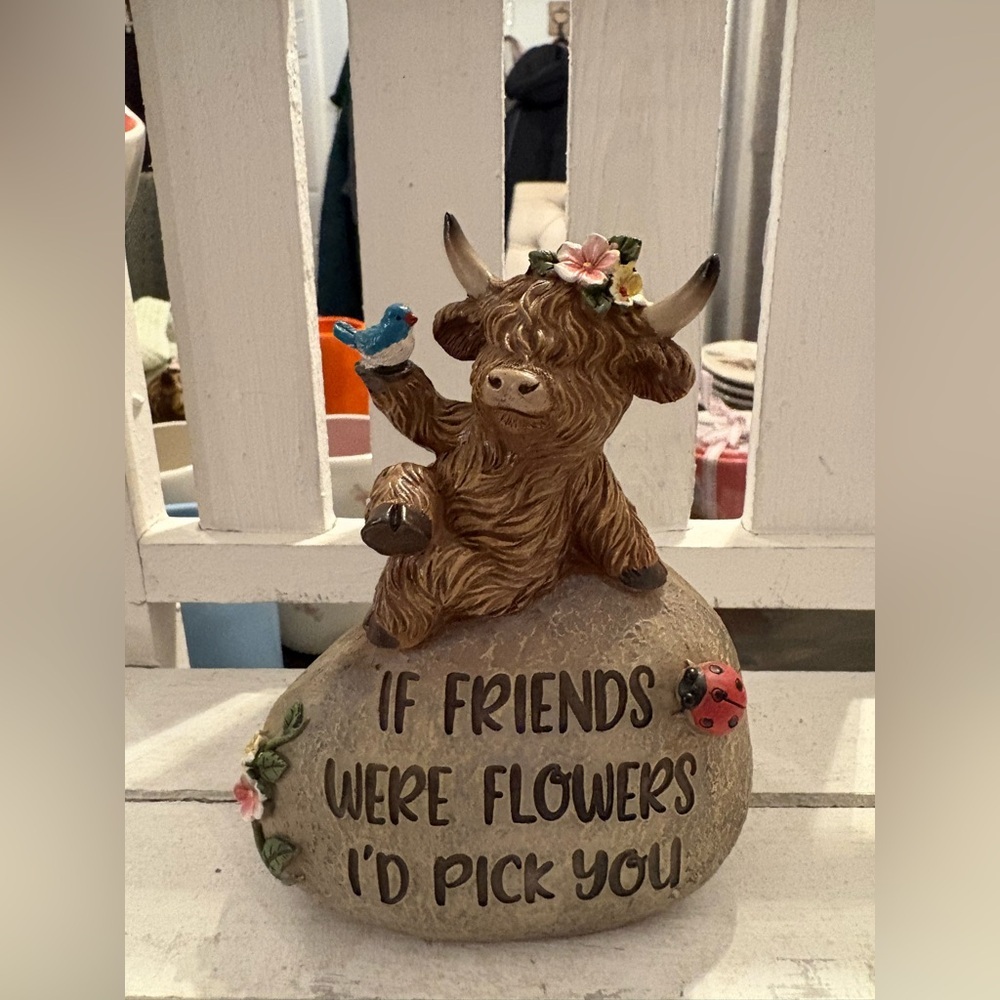 Hobby Lobby Charming Highland Cow Figurine with Flowers and Bird